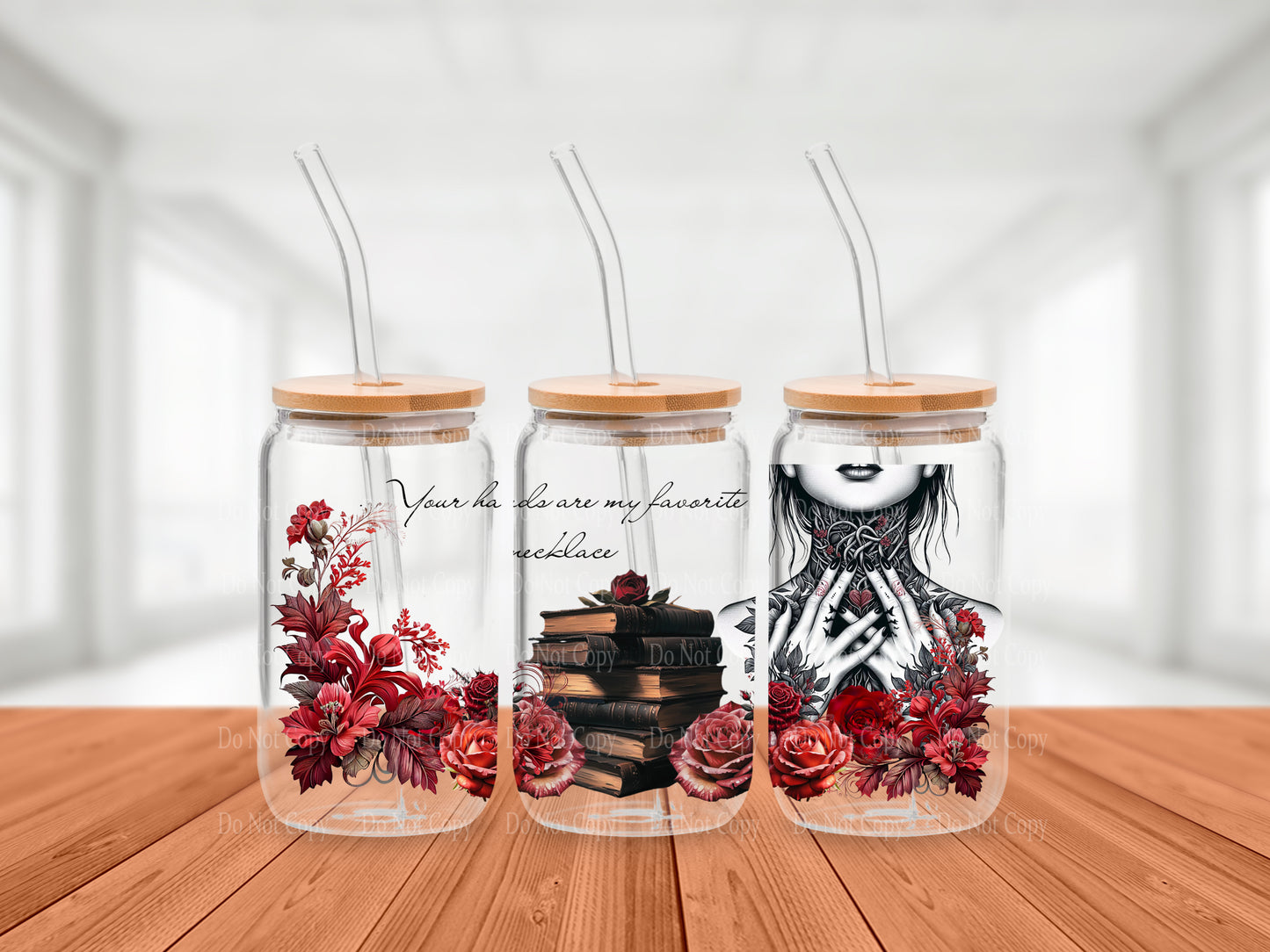 Tattooed woman Dark Romance Cold Brew Glass Tumbler - "Your hands are my favorite necklace"