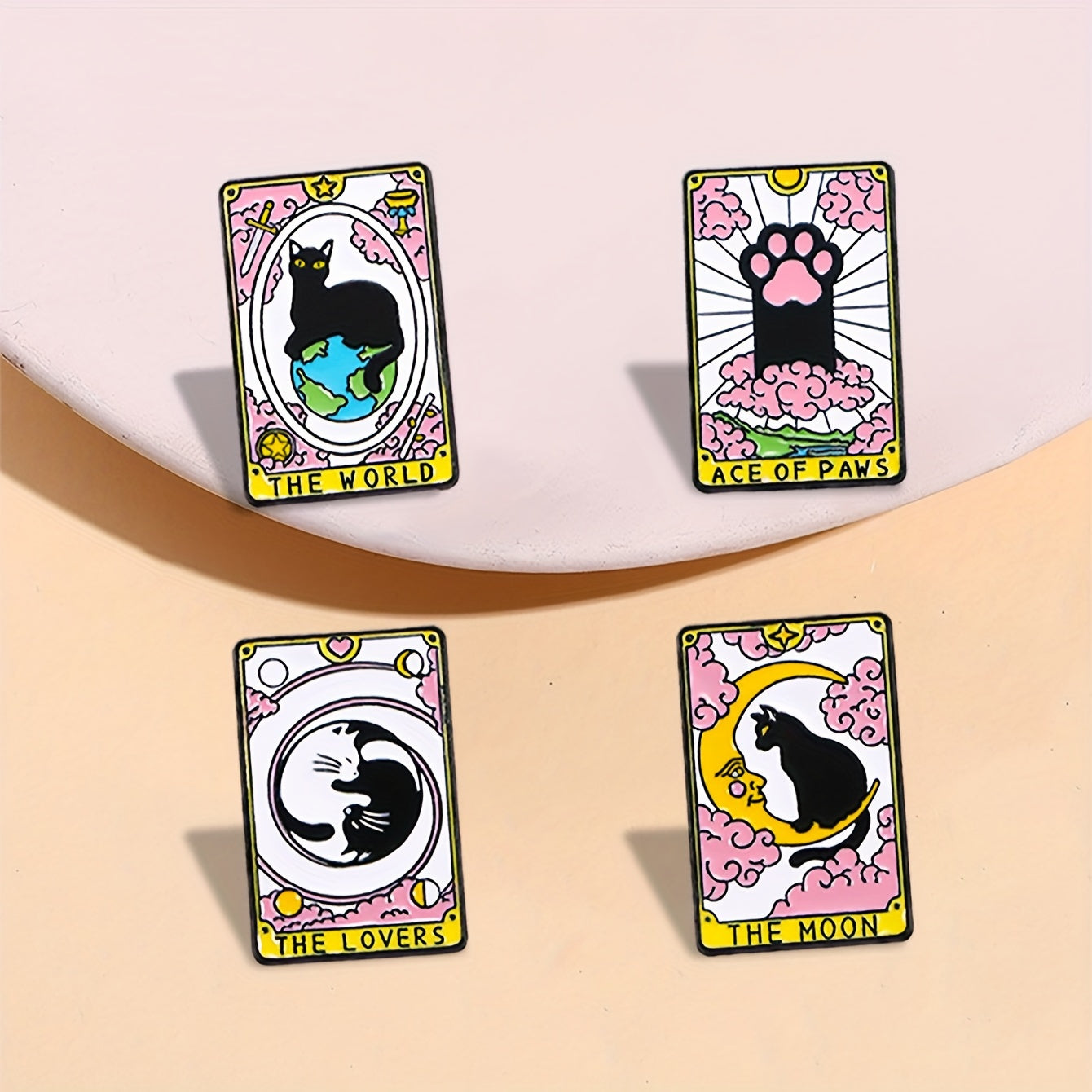 Cat Tarot card pins - The World, Ace of Paws, The Moon & The Lovers