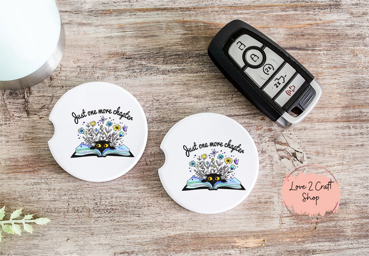 Just One More Chapter Floral with Black Cat Car Coasters