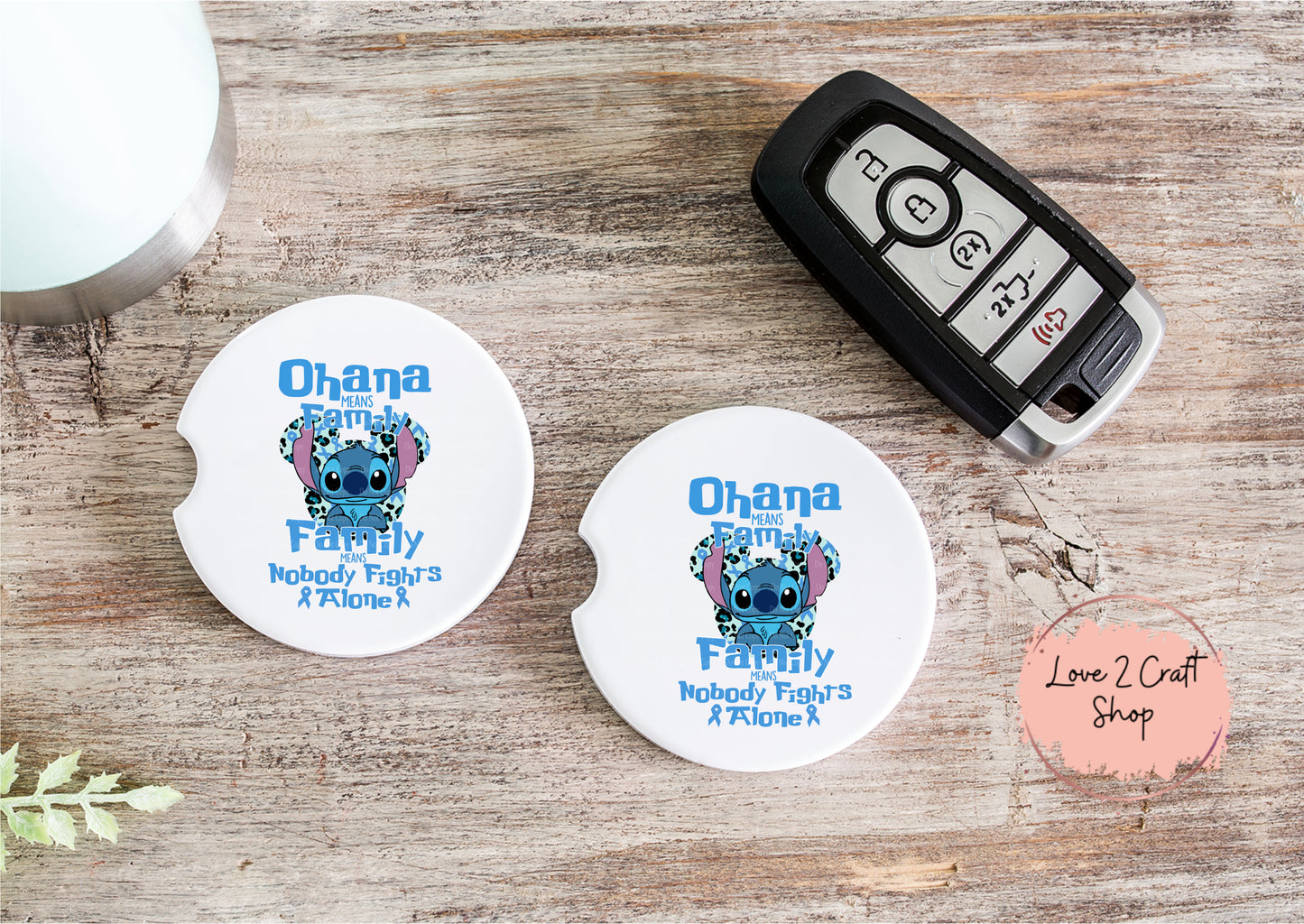 Colon Cancer Stitch Ohana means family Car Coasters