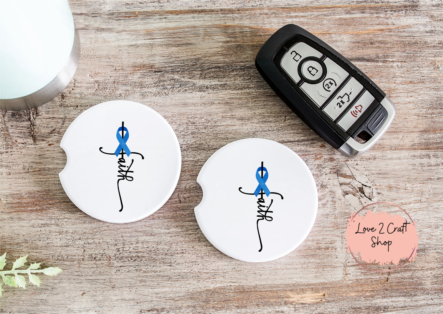Colon Cancer Faith with Blue Ribbon Car Coasters
