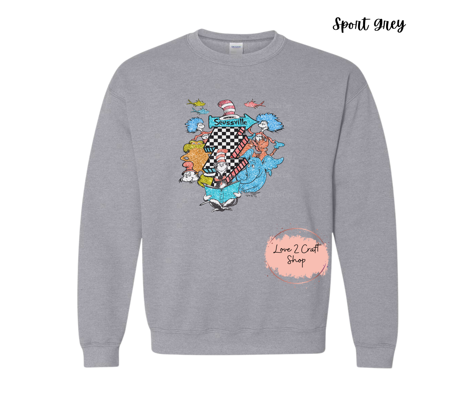 Seussville Collage - Faux Glitter - Cat in the Hat Crewneck