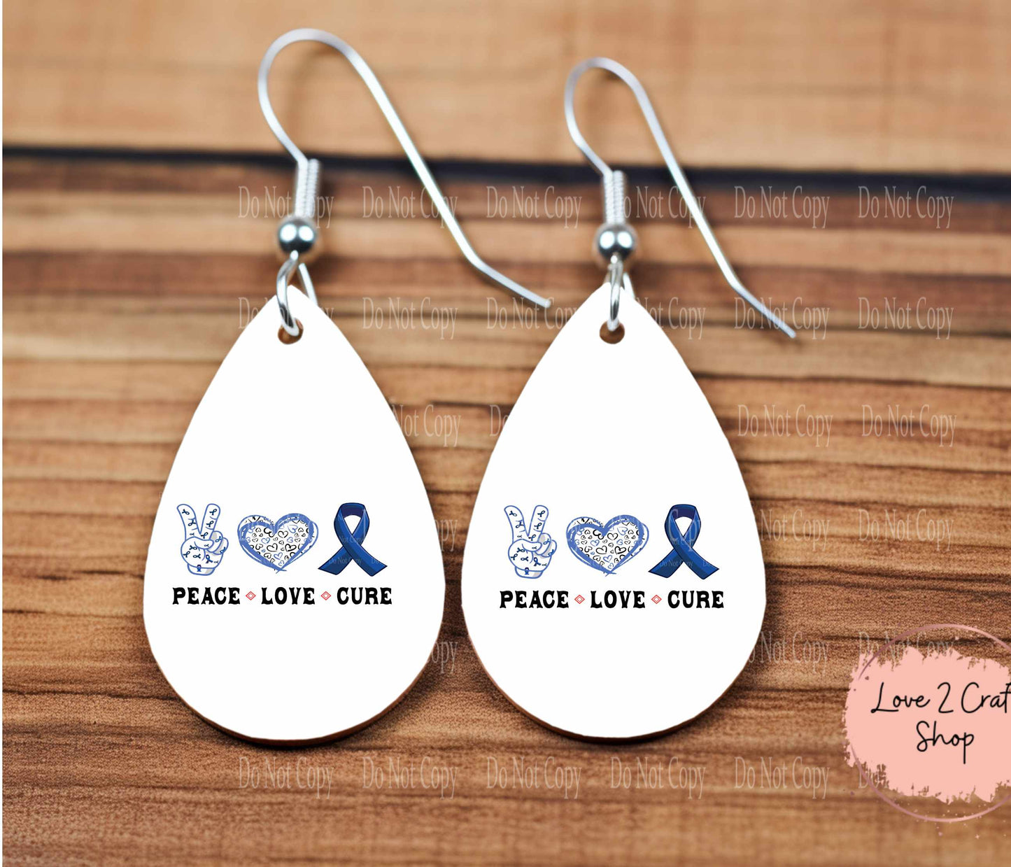 Colon Cancer Peace Love Cure teardrop earrings