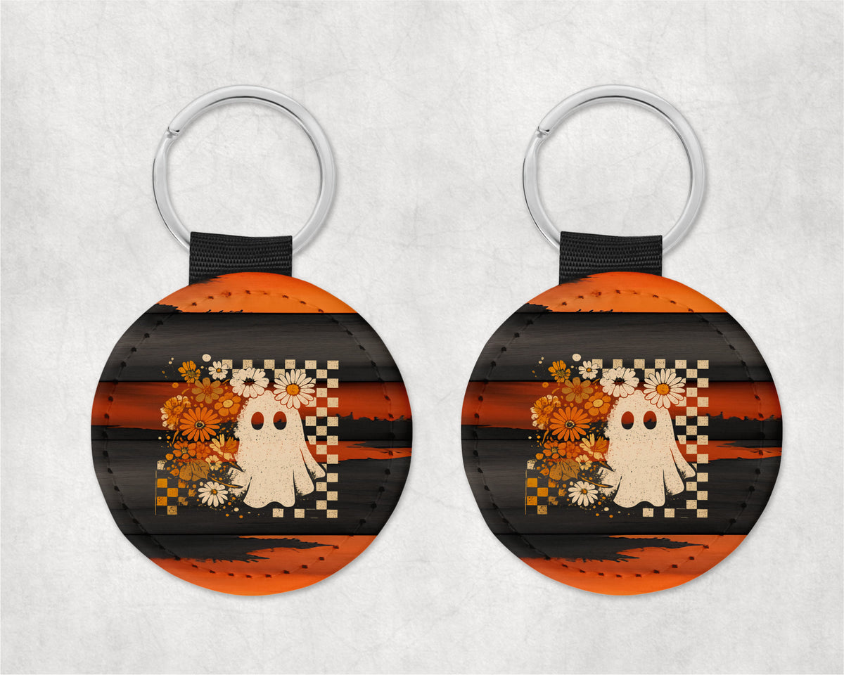 Floral Boho Ghost Round Sparkly Key Chain