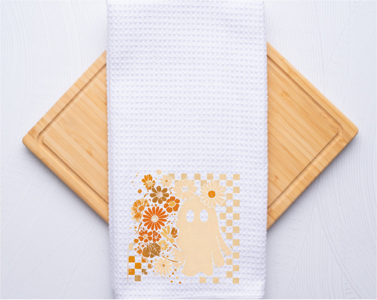 Floral Boho Ghost Smooth or Waffle texture Tea Towel