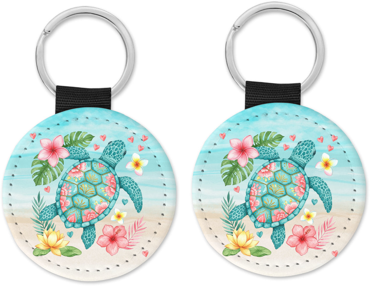 Floral Sea Turtle Round Sparkly Key chain