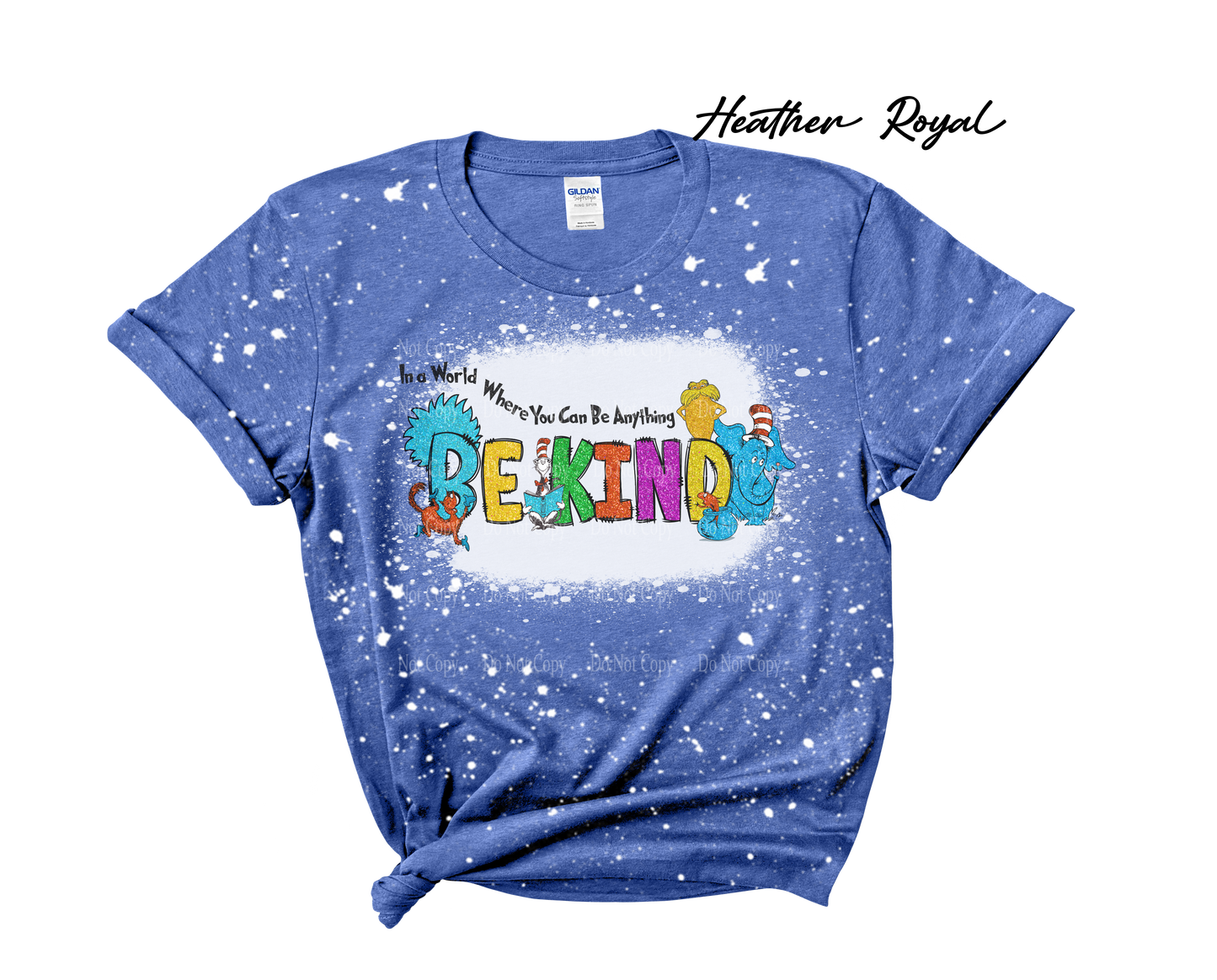 In a world where you can be anything Be Kind Faux Glitter - Cat in the Hat Bleached T-Shirt