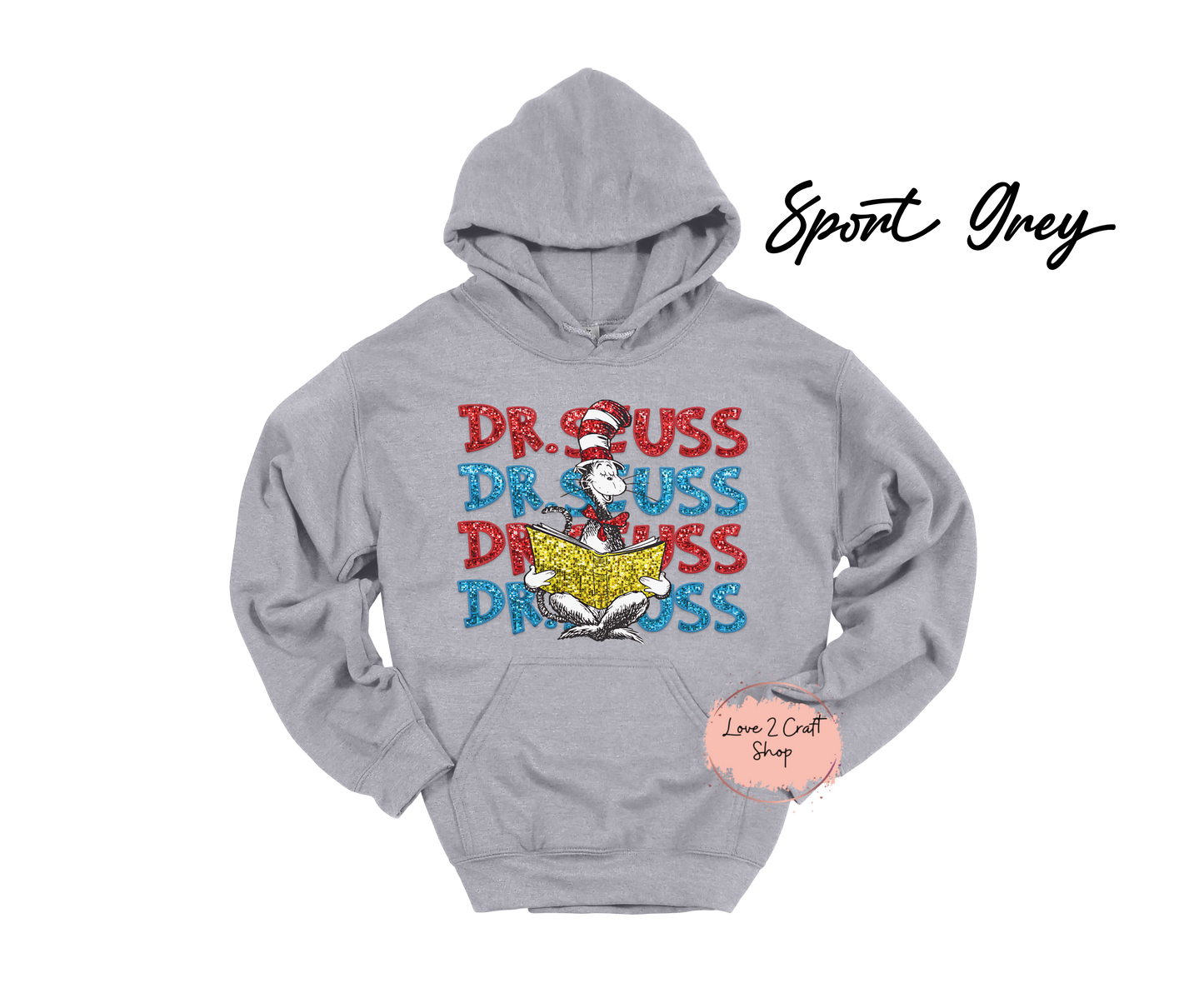 Stacked Dr Seuss reading - Faux Glitter Cat in the Hat Hoodie