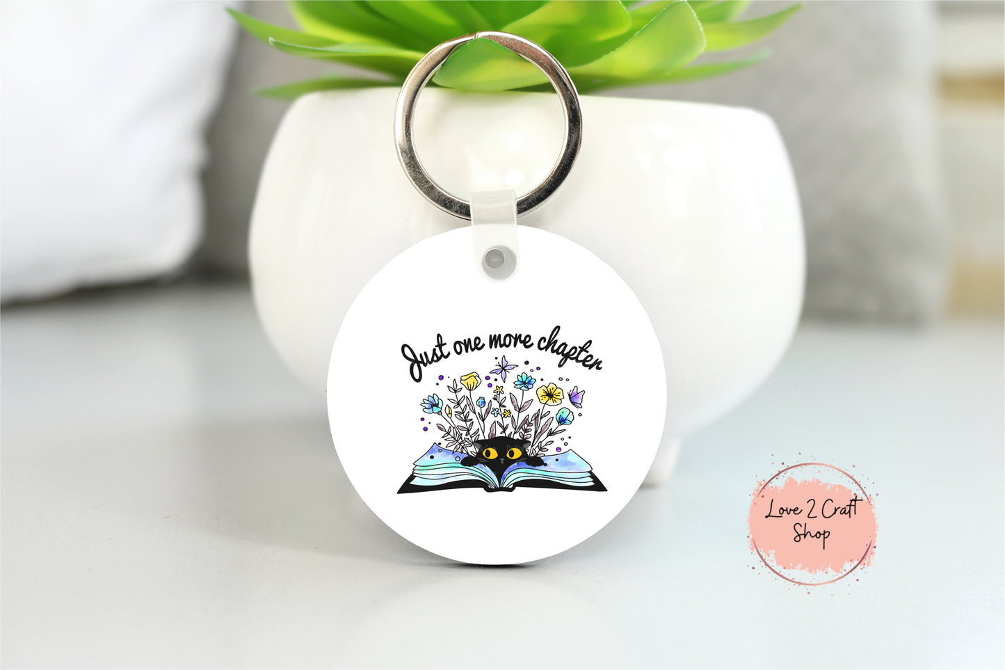Just One More Chapter Floral with Black Cat Key chain
