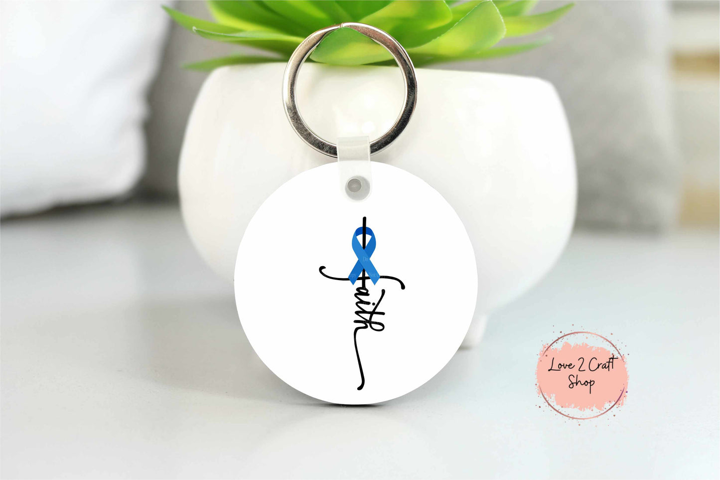 Colon Cancer Faith with Blue Ribbon Key chain