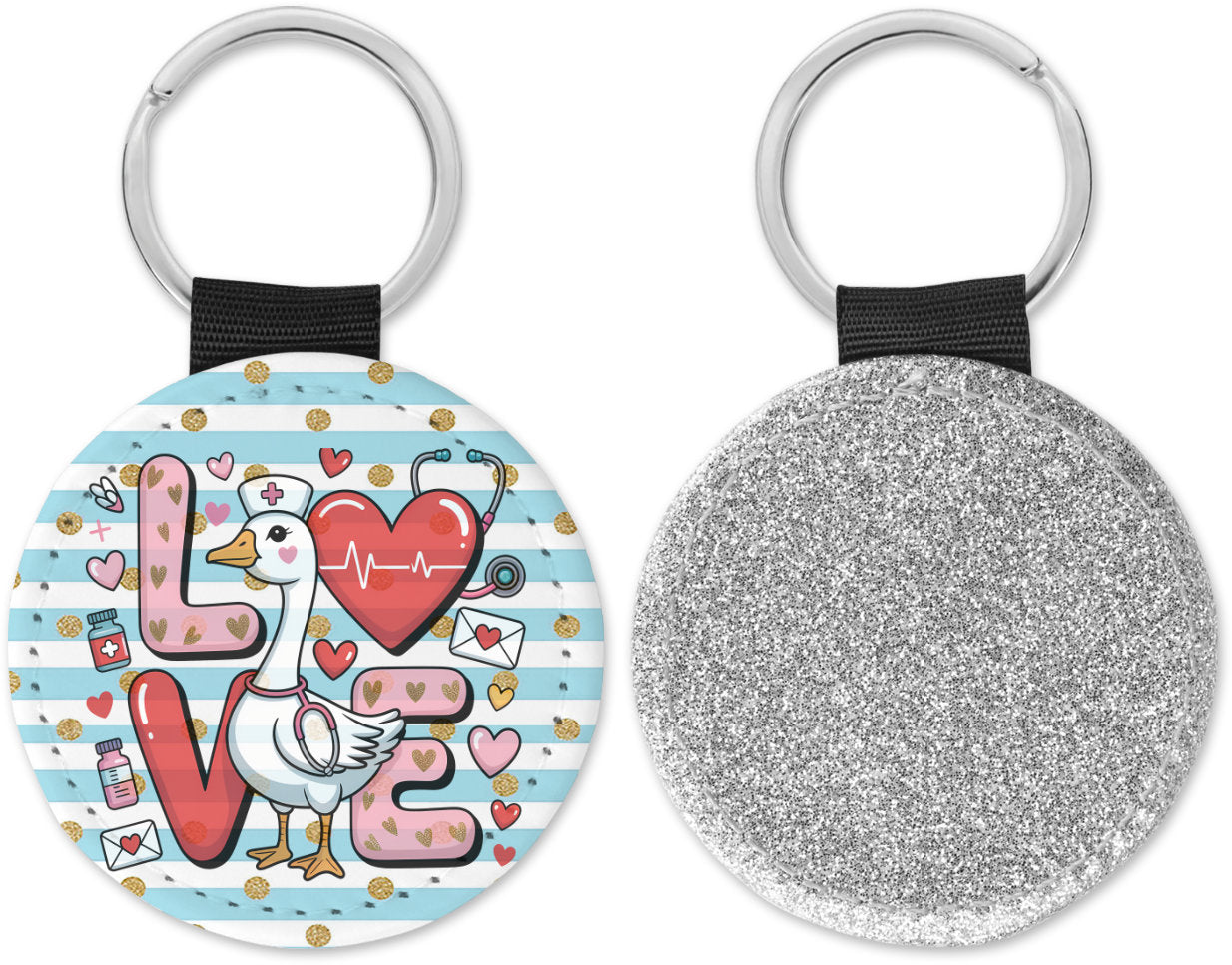 Love Valentine Nurse Goose Round Sparkly Key Chain