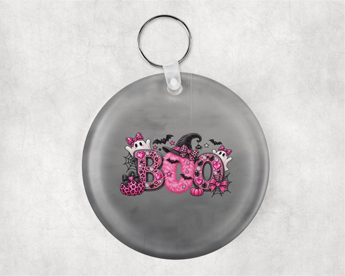 Pink BOO Halloween Acrylic Round Key Chain