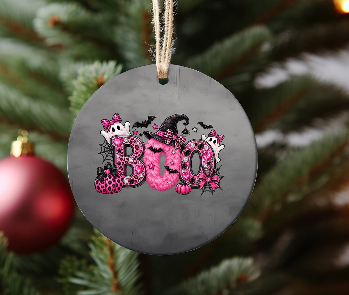 Pink BOO Halloween Ceramic Ornament