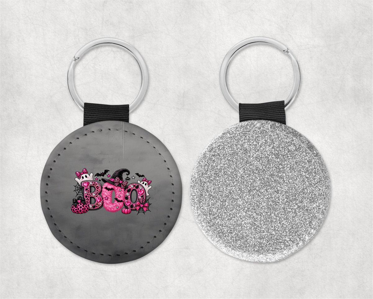 Pink BOO Halloween Round Sparkly Key Chain