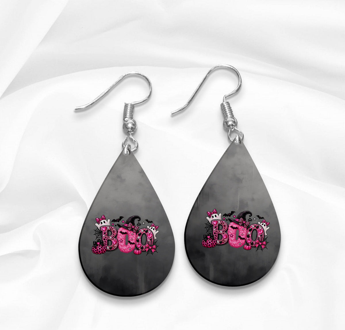 Pink BOO Halloween Teardrop Earrings