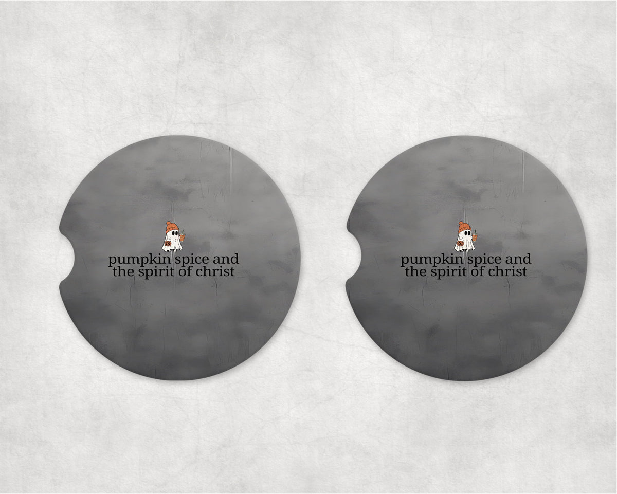 Pumpkin Spice and the Spirit of Jesus Christ car coaster pair