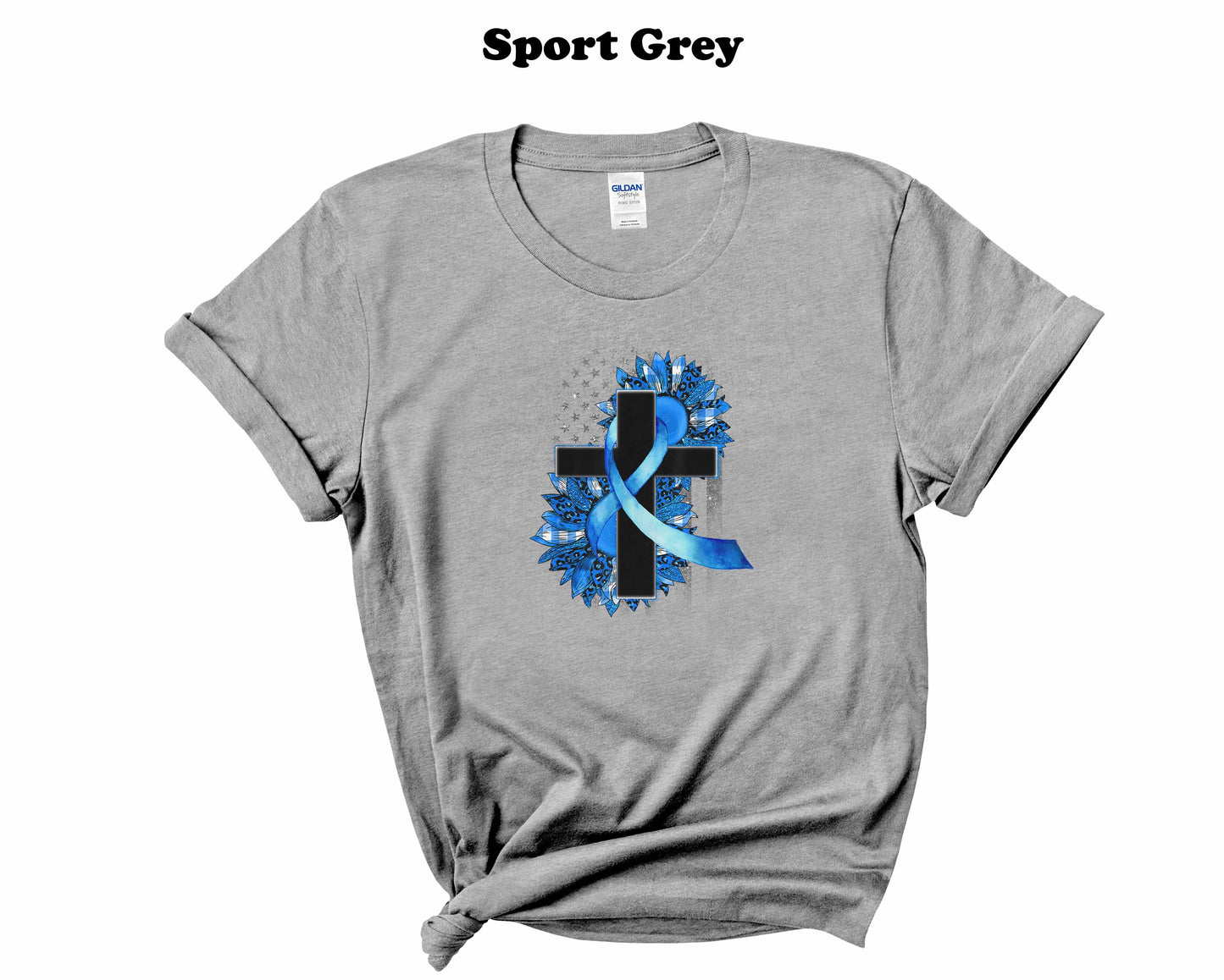 Colon Cancer Floral Cross with faux glitter stars Tee