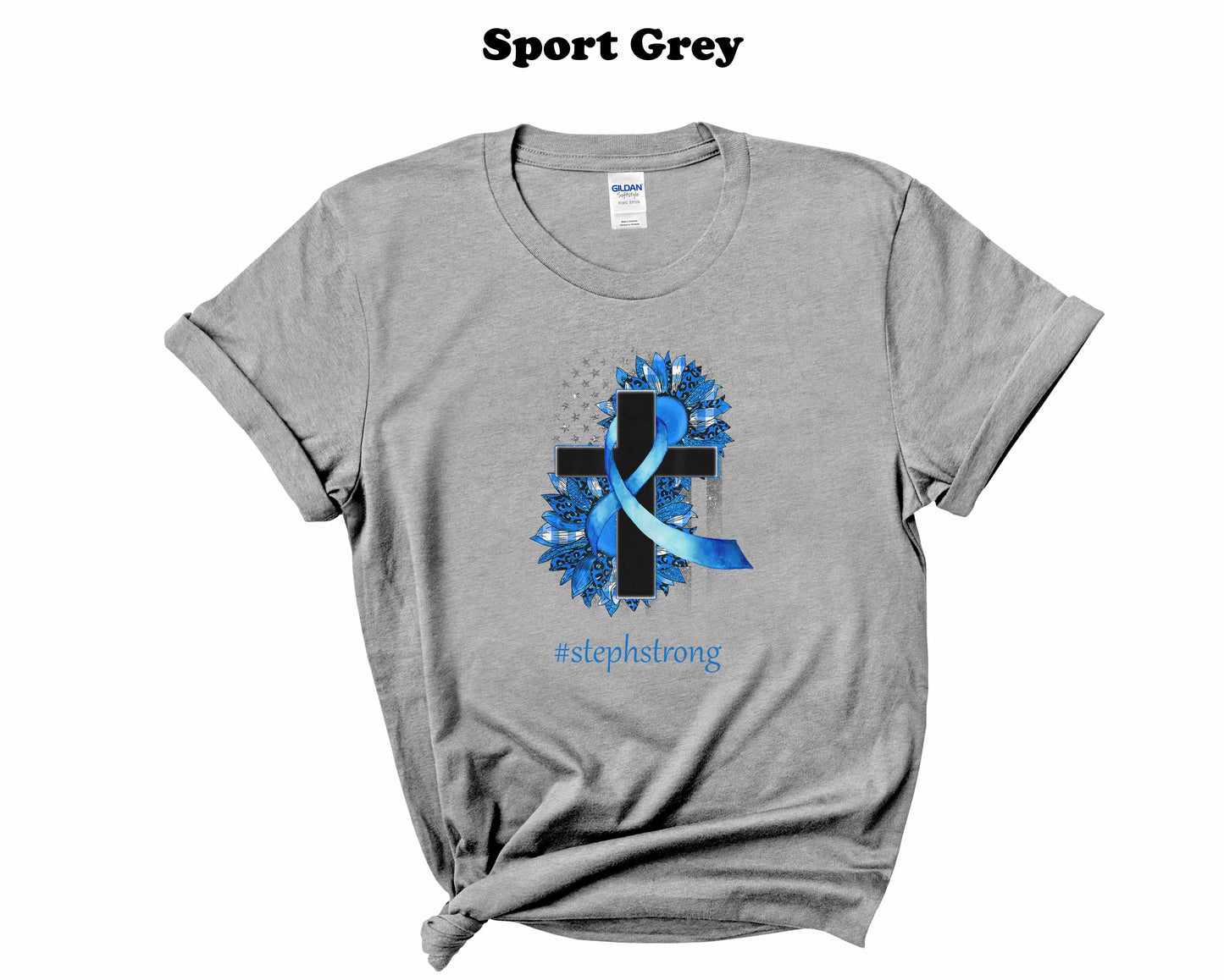 Colon Cancer Floral Cross with faux glitter stars Tee