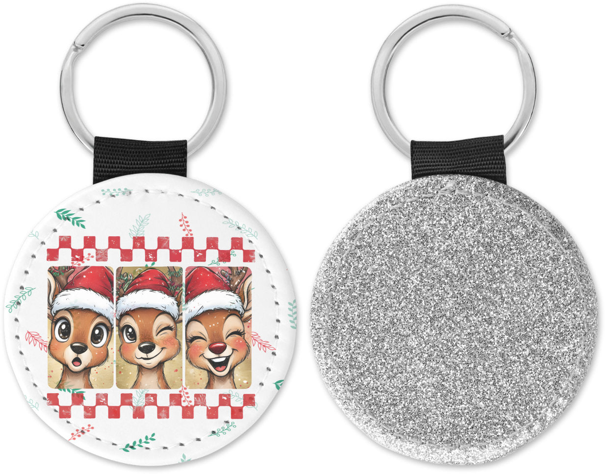 Cute Reindeer with Santa Hat Round Sparkly Key Chain