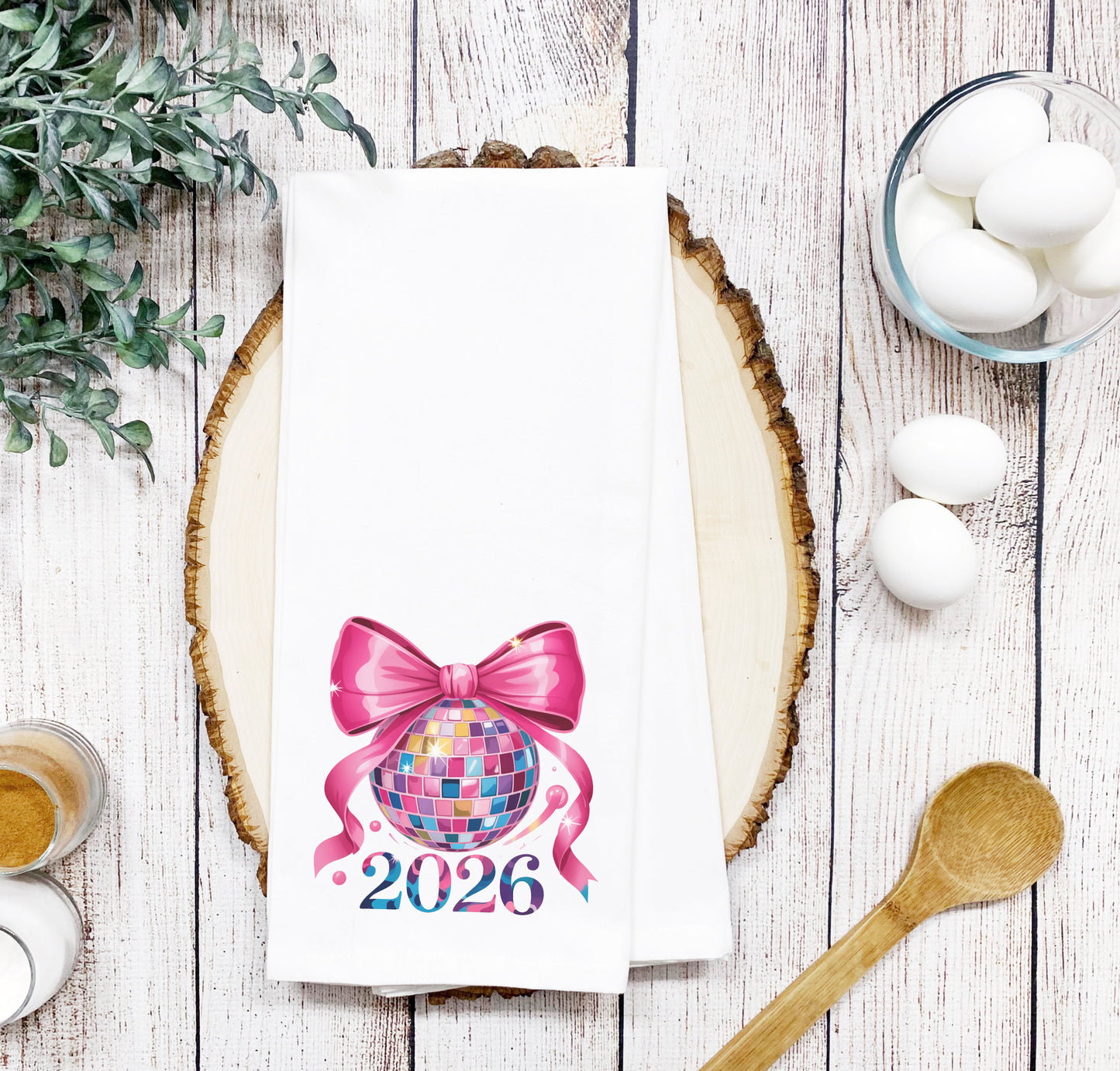 2026 Pink Disco ball Smooth or Waffle texture Tea Towel