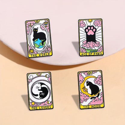 Cat Tarot card pins - The World, Ace of Paws, The Moon & The Lovers