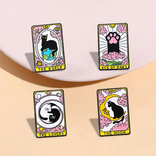 Cat Tarot card pins - The World, Ace of Paws, The Moon & The Lovers