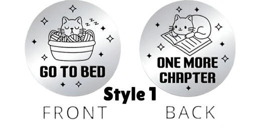 round coins with cat illustrations and text 'Go to Bed' and 'One More Chapter'.