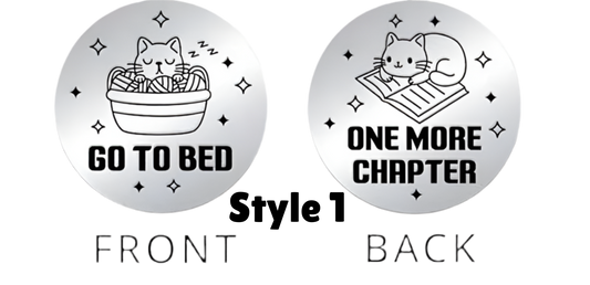 round coins with cat illustrations and text 'Go to Bed' and 'One More Chapter'.