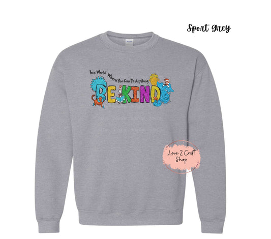 In a world where you can be anything Be Kind Faux Glitter - Cat in the Hat Crewneck