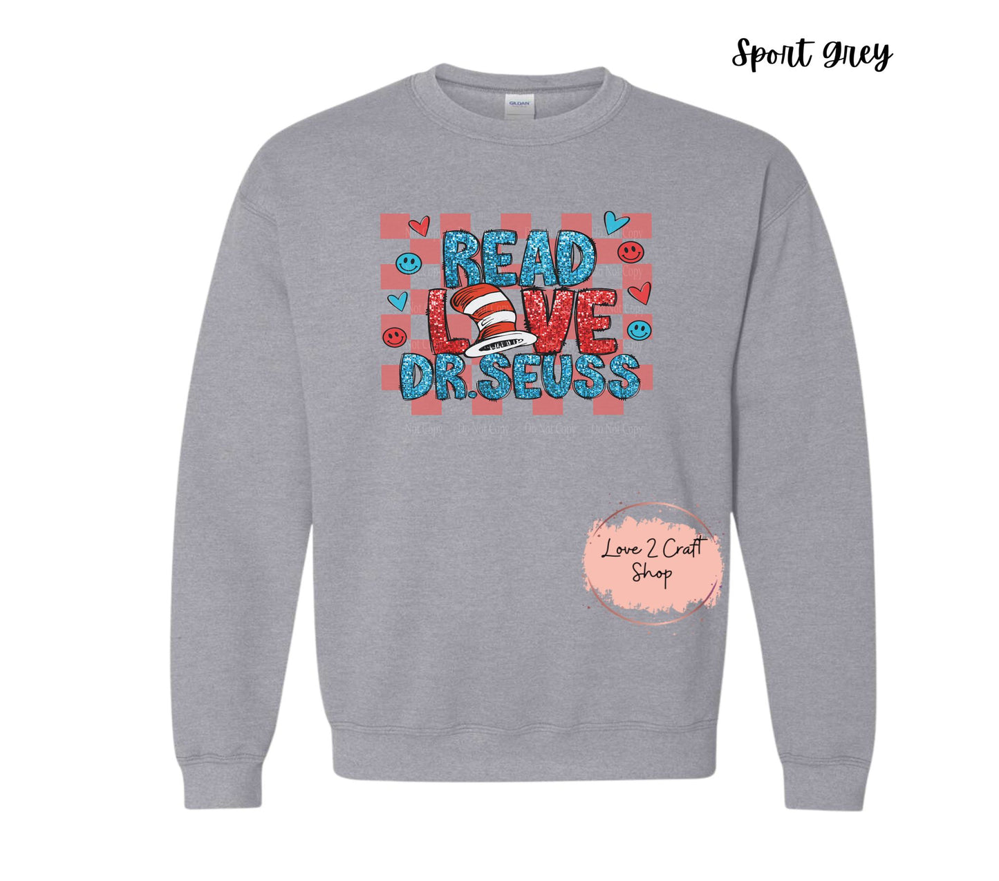 Read Love Dr Seuss  -  Faux Glitter - Cat in the Hat Crewneck