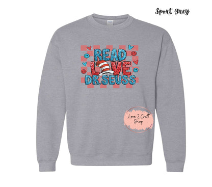 Read Love Dr Seuss  -  Faux Glitter - Cat in the Hat Crewneck