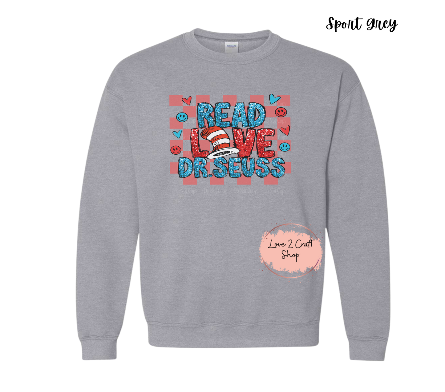 Read Love Dr Seuss  -  Faux Glitter - Cat in the Hat Crewneck