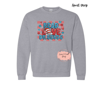 Read Love Dr Seuss  -  Faux Glitter - Cat in the Hat Crewneck