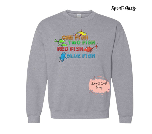 One Fish Two Fish Red Fish Blue Fish  - Faux Glitter - Cat in the Hat Crewneck