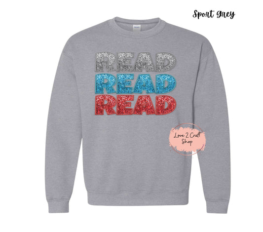 Stacked words Read  - Faux Glitter Cat in the Hat Crewneck