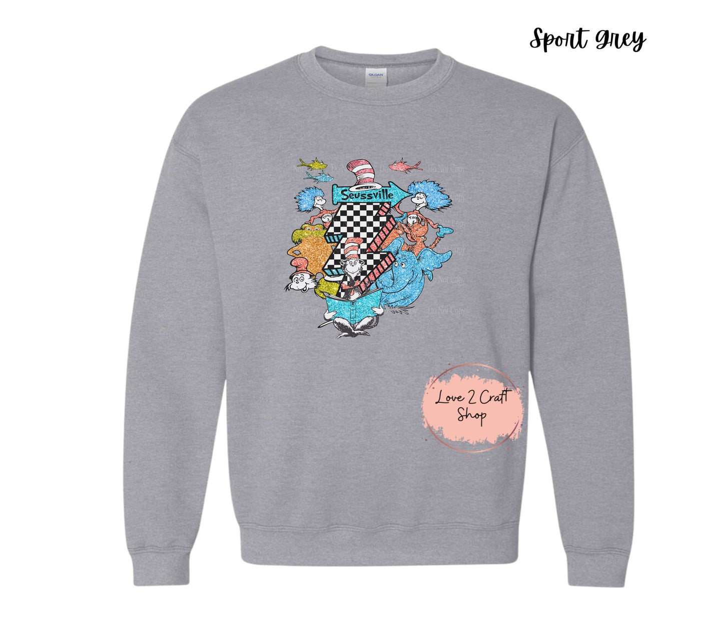 Seussville Collage -  Faux Glitter - Cat in the Hat Crewneck