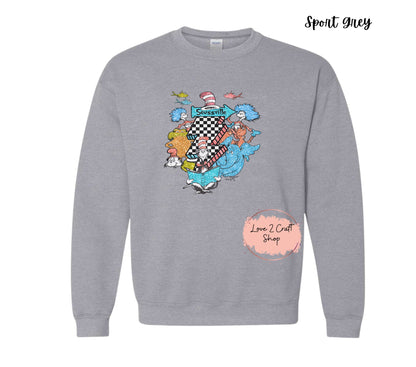 Seussville Collage -  Faux Glitter - Cat in the Hat Crewneck