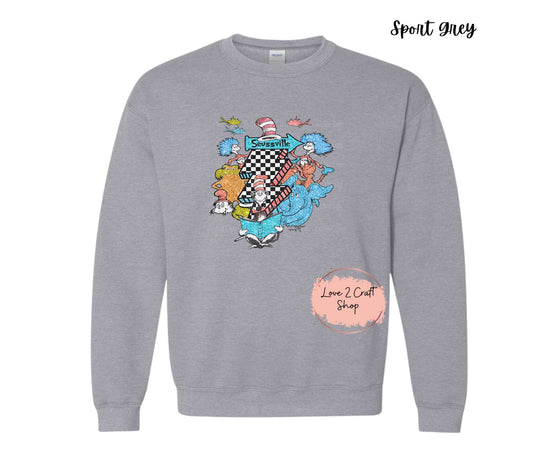 Seussville Collage -  Faux Glitter - Cat in the Hat Crewneck