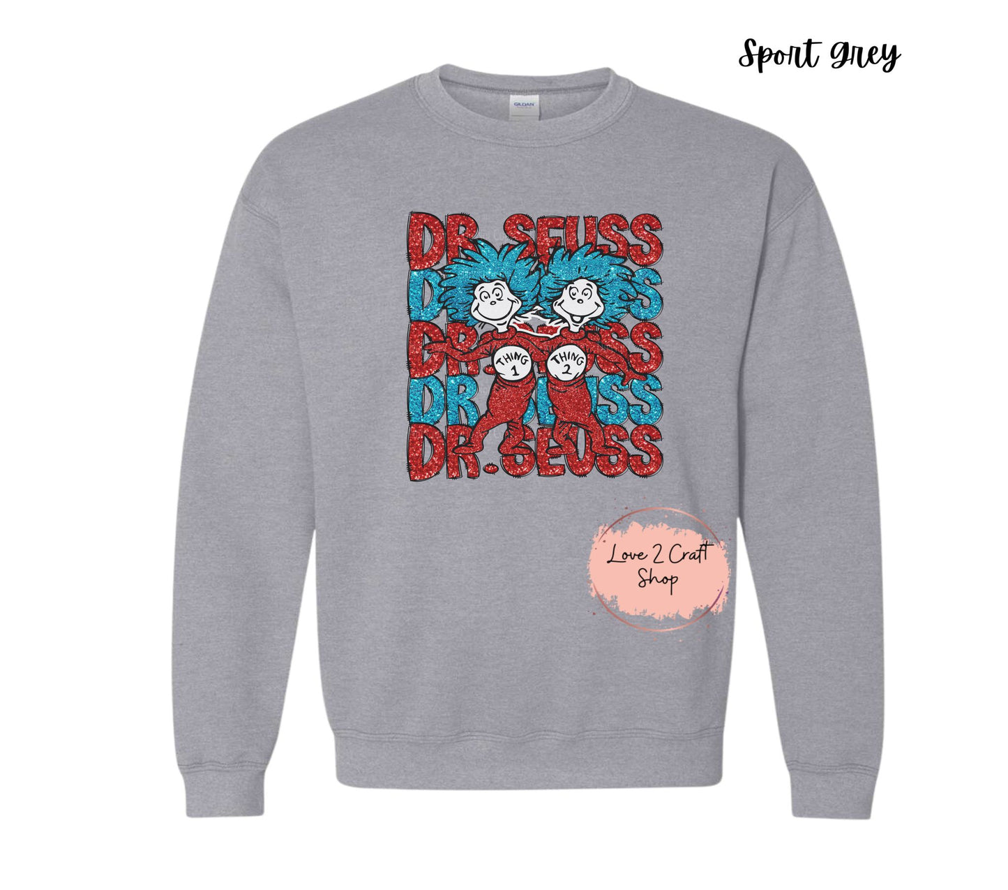 Dr Seuss Stacked with Thing 1 and Thing 2 - Faux Glitter - Cat in the Hat Crewneck