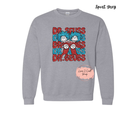 Dr Seuss Stacked with Thing 1 and Thing 2 - Faux Glitter - Cat in the Hat Crewneck