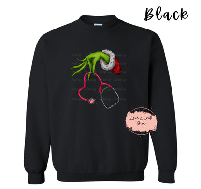 Grinch with Stethoscope for Nurse or CNA Crewneck