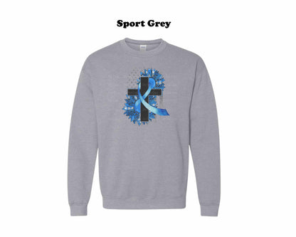 Colon Cancer Floral Cross with faux glitter stars Crewneck