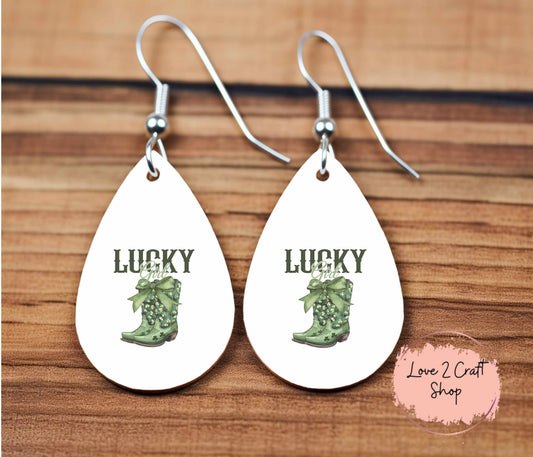 Lucky Girl Cowboy Boots St. Patrick's Day Teardrop earrings