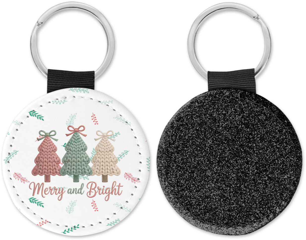 Faux Yarn Christmas Trees Merry and Bright Round Sparkly Key Chain