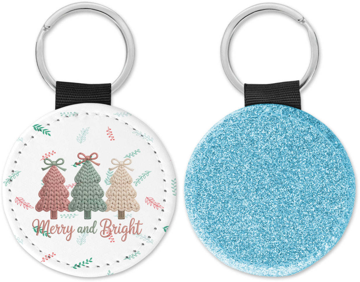 Faux Yarn Christmas Trees Merry and Bright Round Sparkly Key Chain