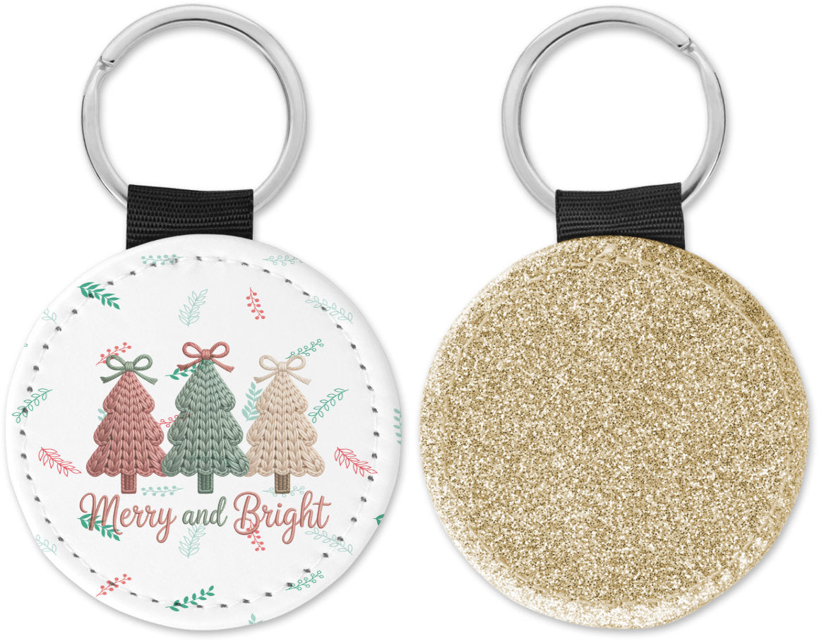 Faux Yarn Christmas Trees Merry and Bright Round Sparkly Key Chain