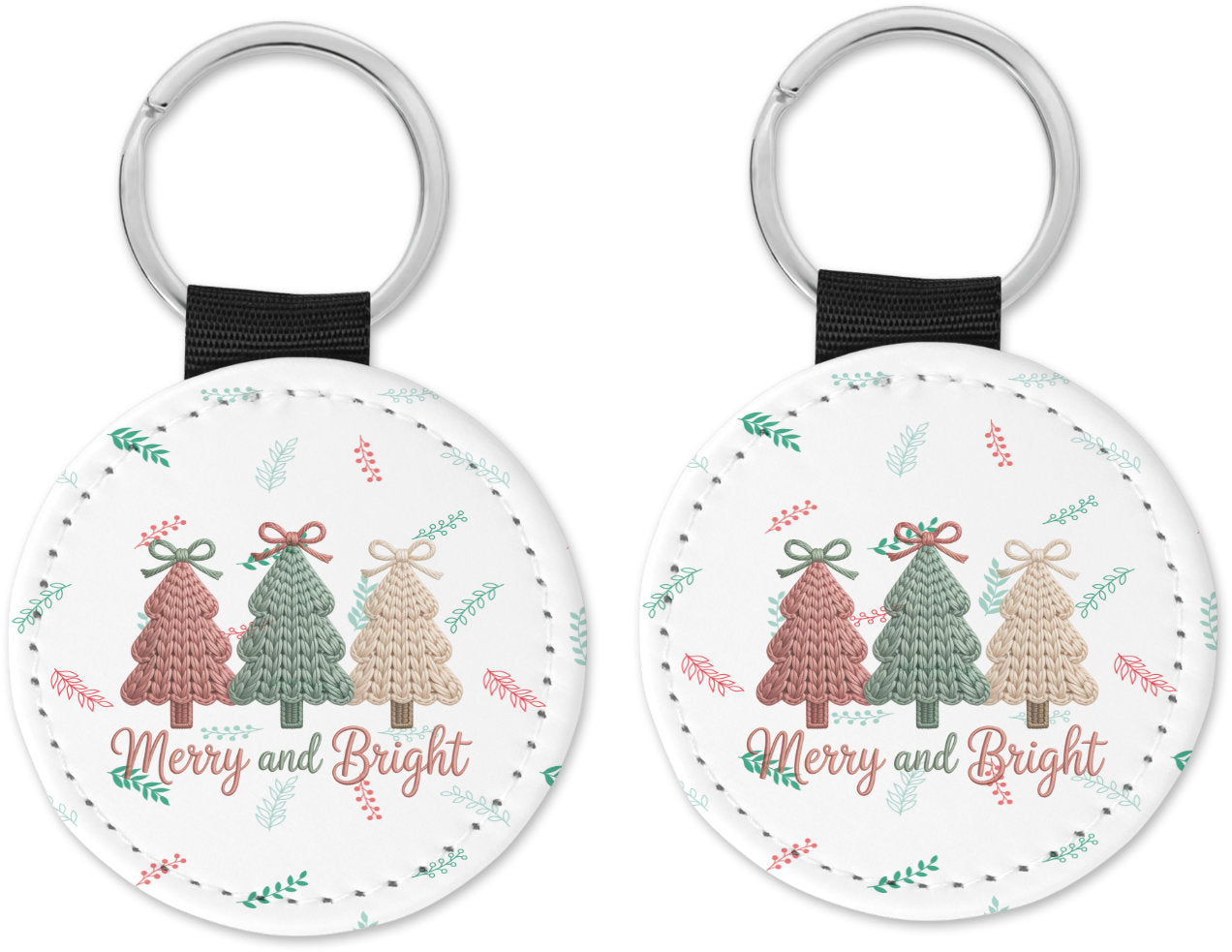 Faux Yarn Christmas Trees Merry and Bright Round Sparkly Key Chain