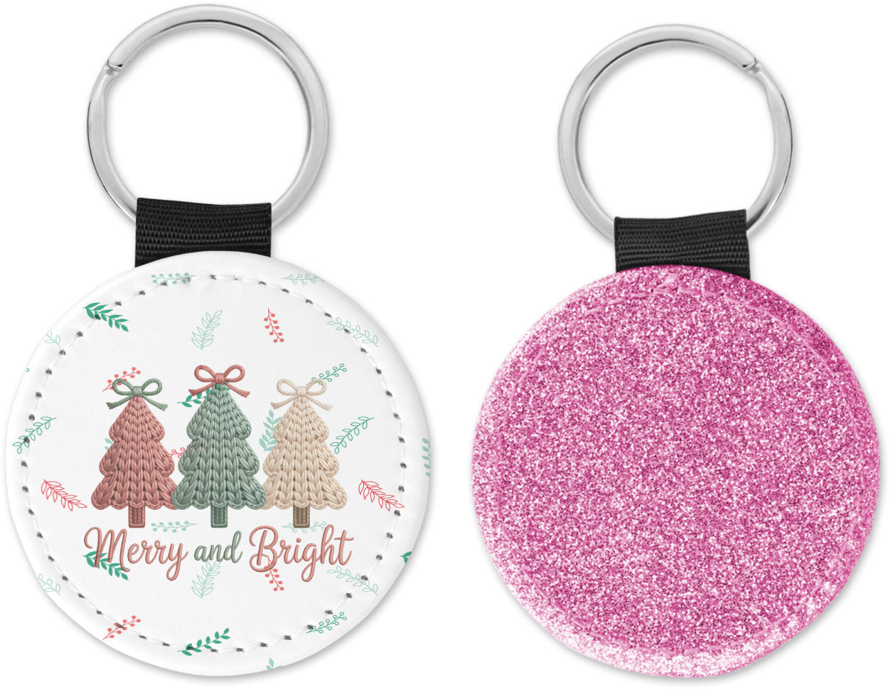 Faux Yarn Christmas Trees Merry and Bright Round Sparkly Key Chain