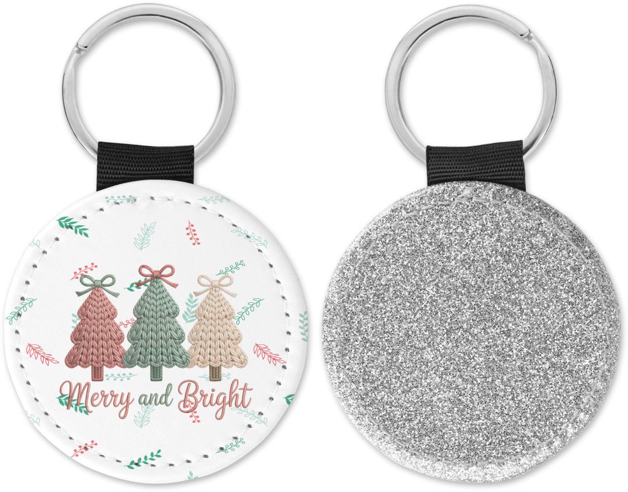 Faux Yarn Christmas Trees Merry and Bright Round Sparkly Key Chain