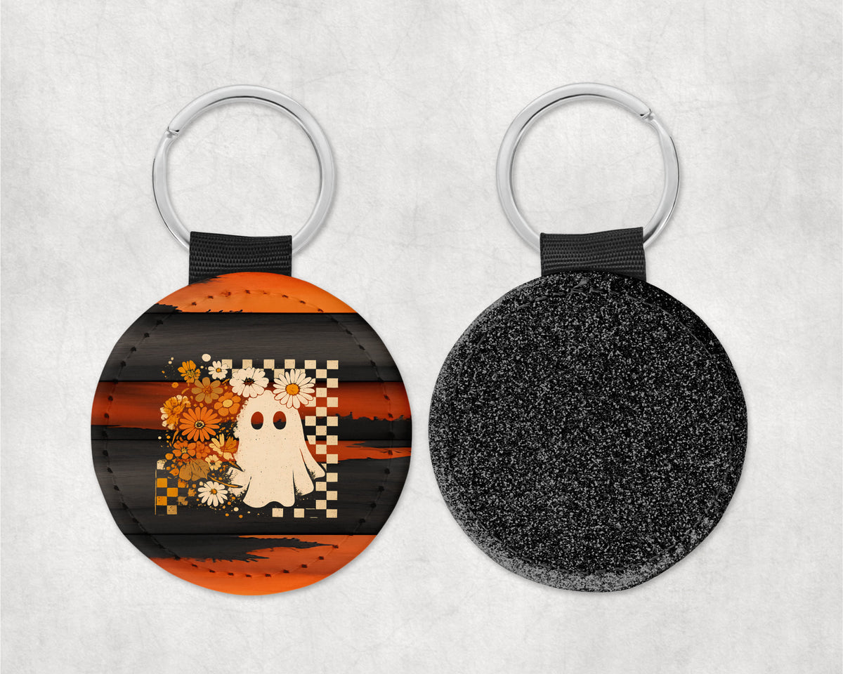 Floral Boho Ghost Round Sparkly Key Chain